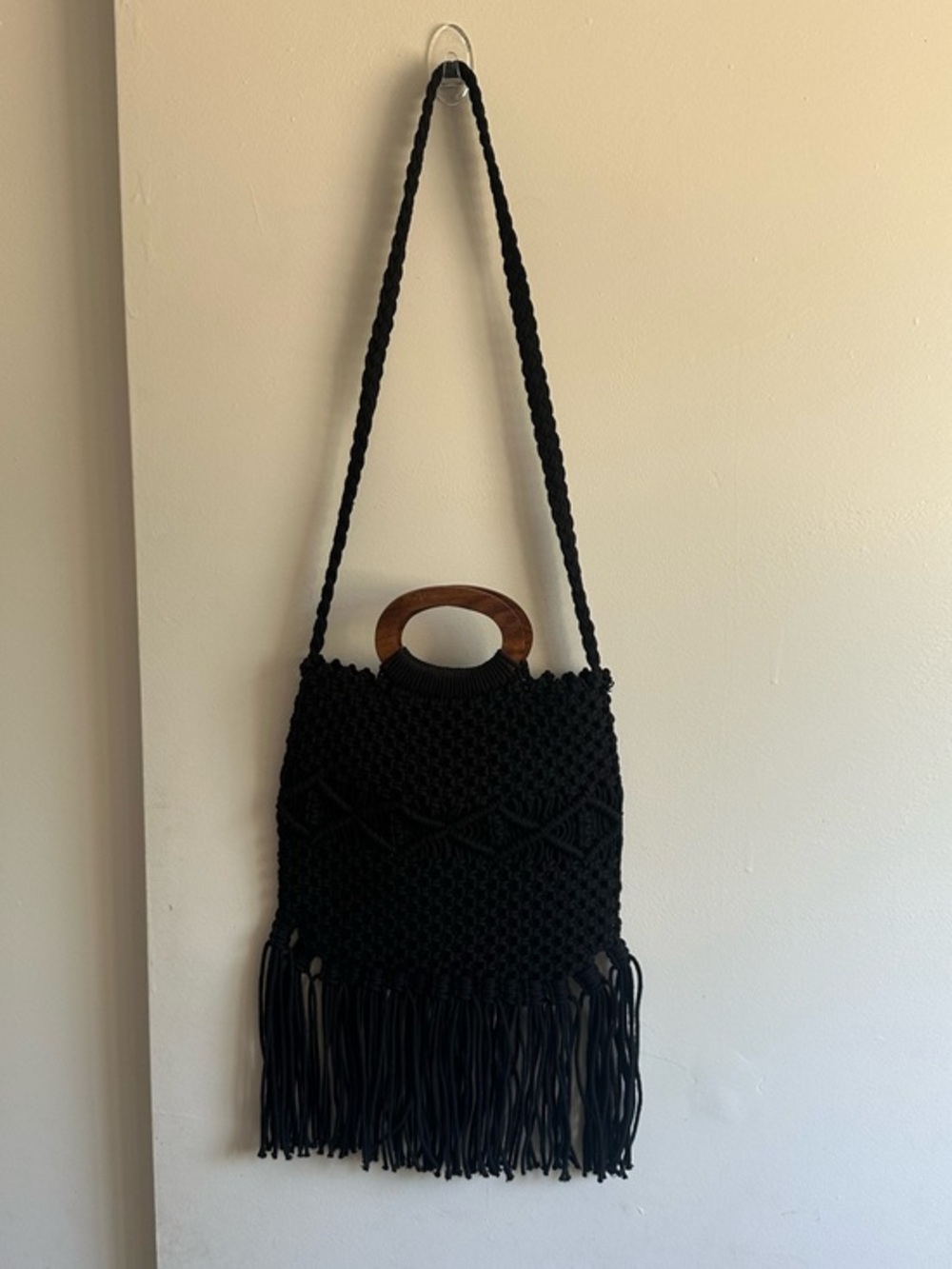 Danielle Nicole Black Crochet Fringe Shoulder Bag with Wooden Top Handle